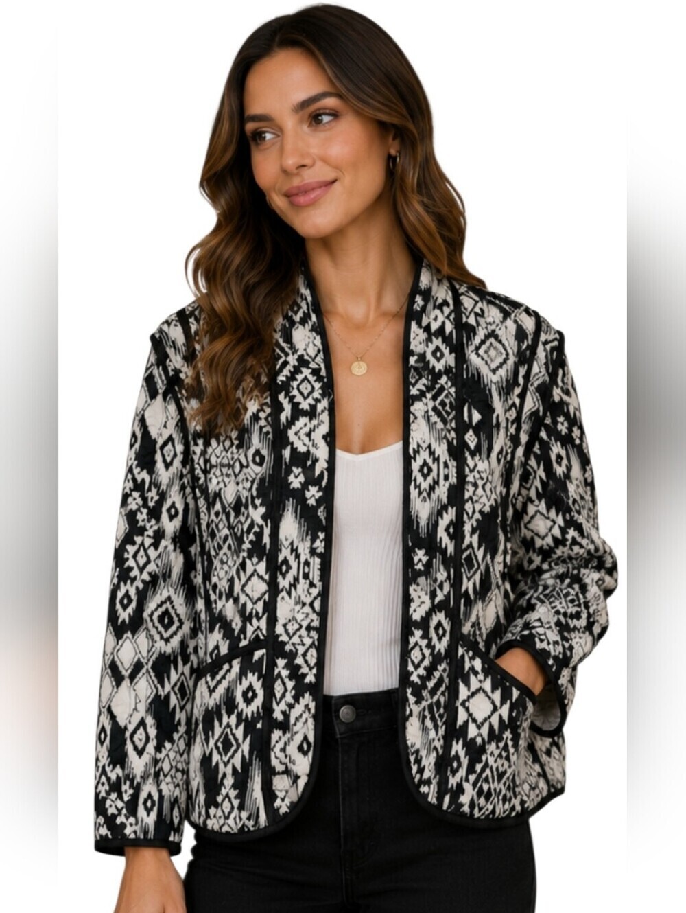 Savida Black & White Quilted Aztec Print Open Front Jacket XS